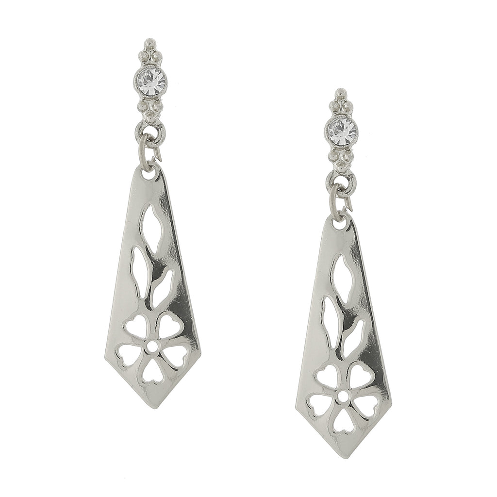 Silver Tone Cutout Drop Earrings With Crystal Post Accents
