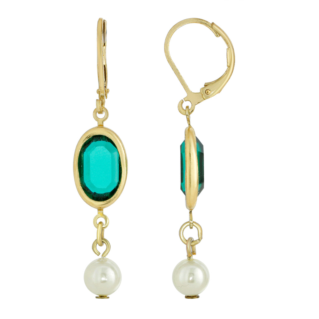 Gold Tone Green And White Drop Earrings