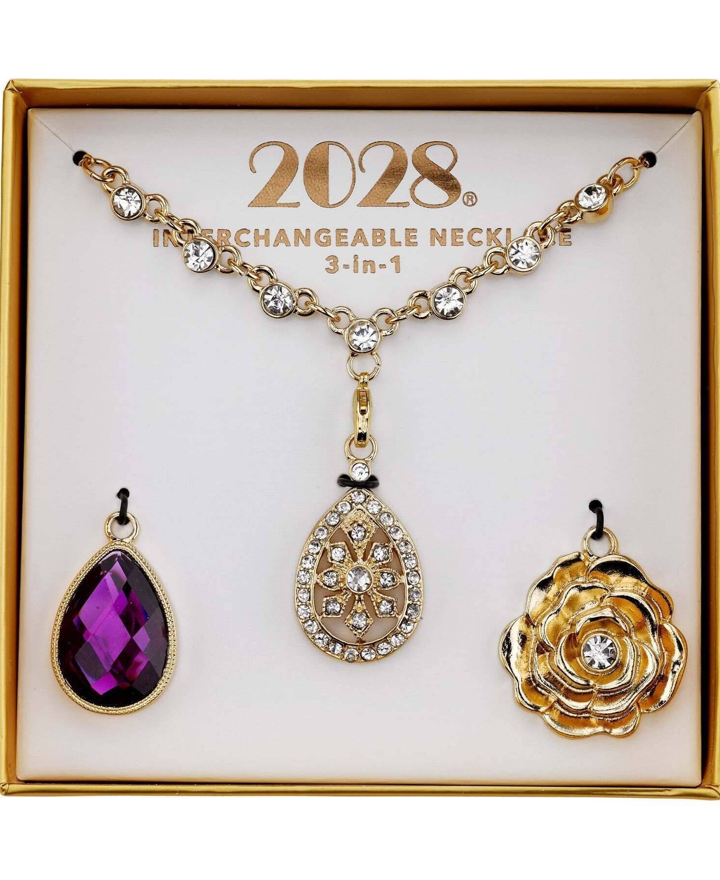 2028 Jewelry 3-In-1 Purple & Crystal Teardrop Interchangeable Necklace Set 16" + 3" Extender