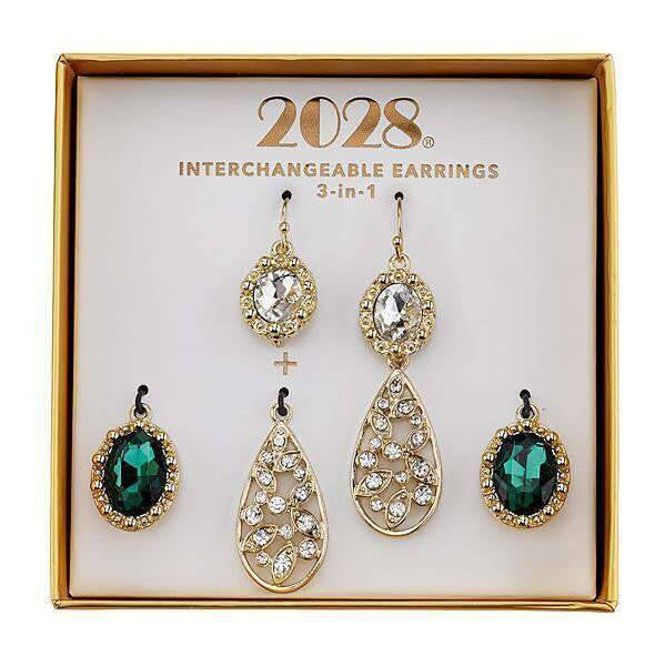 1928 Jewelry Green And Crystal Interchangeable Earrings Boxed Set