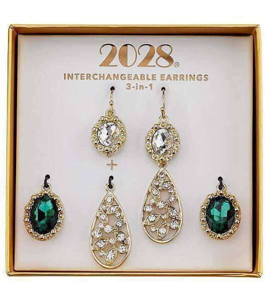 1928 Jewelry Green And Crystal Interchangeable Earrings Boxed Set
