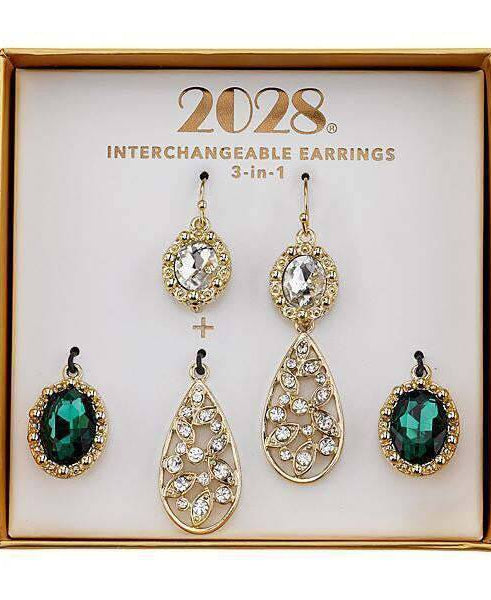 1928 Jewelry Green And Crystal Interchangeable Earrings Boxed Set