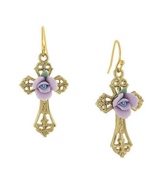 1928 Jewelry Porcelain Rose Cross Drop Earrings