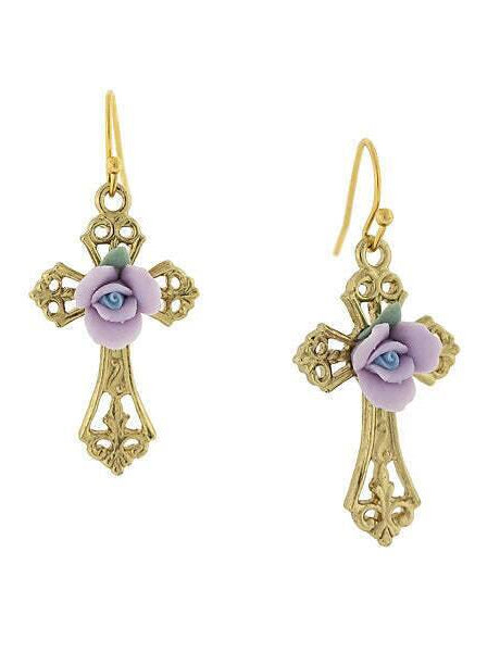 1928 Jewelry Porcelain Rose Cross Drop Earrings