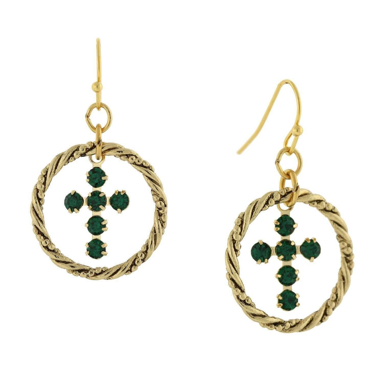 1928 Jewelry Shimmering Crystal Cross Hoop Earrings