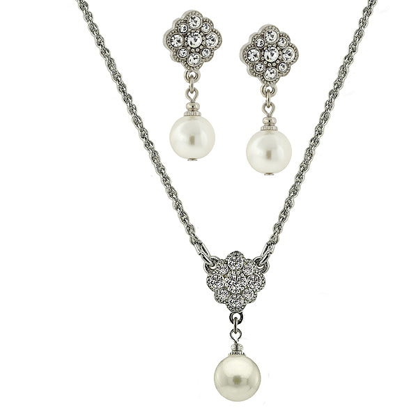 Faux Pearl And Crystal Earrings And Necklace Set
