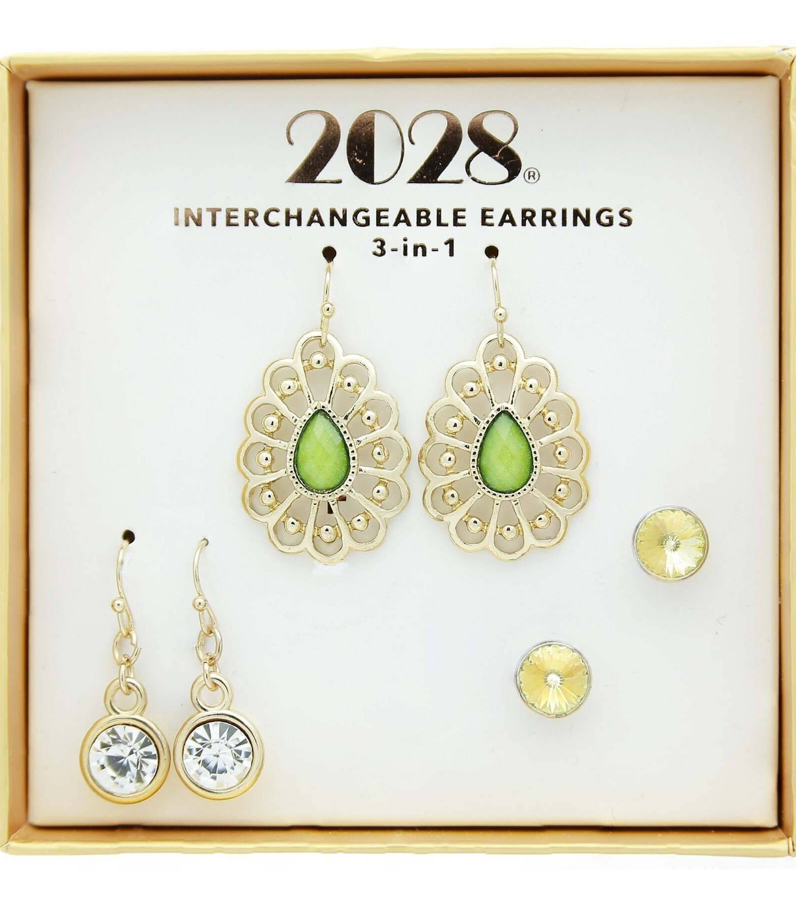 2028 Jewelry 3-In-1 Green & Clear Crystal Interchangeable Earring Set