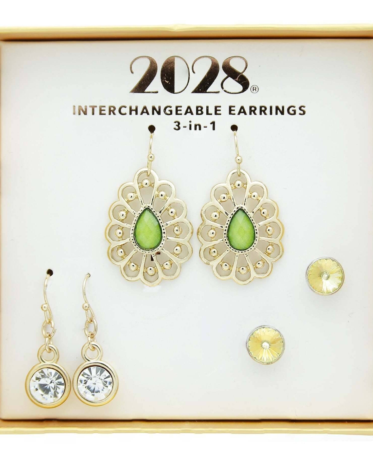 2028 Jewelry 3-In-1 Green & Clear Crystal Interchangeable Earring Set