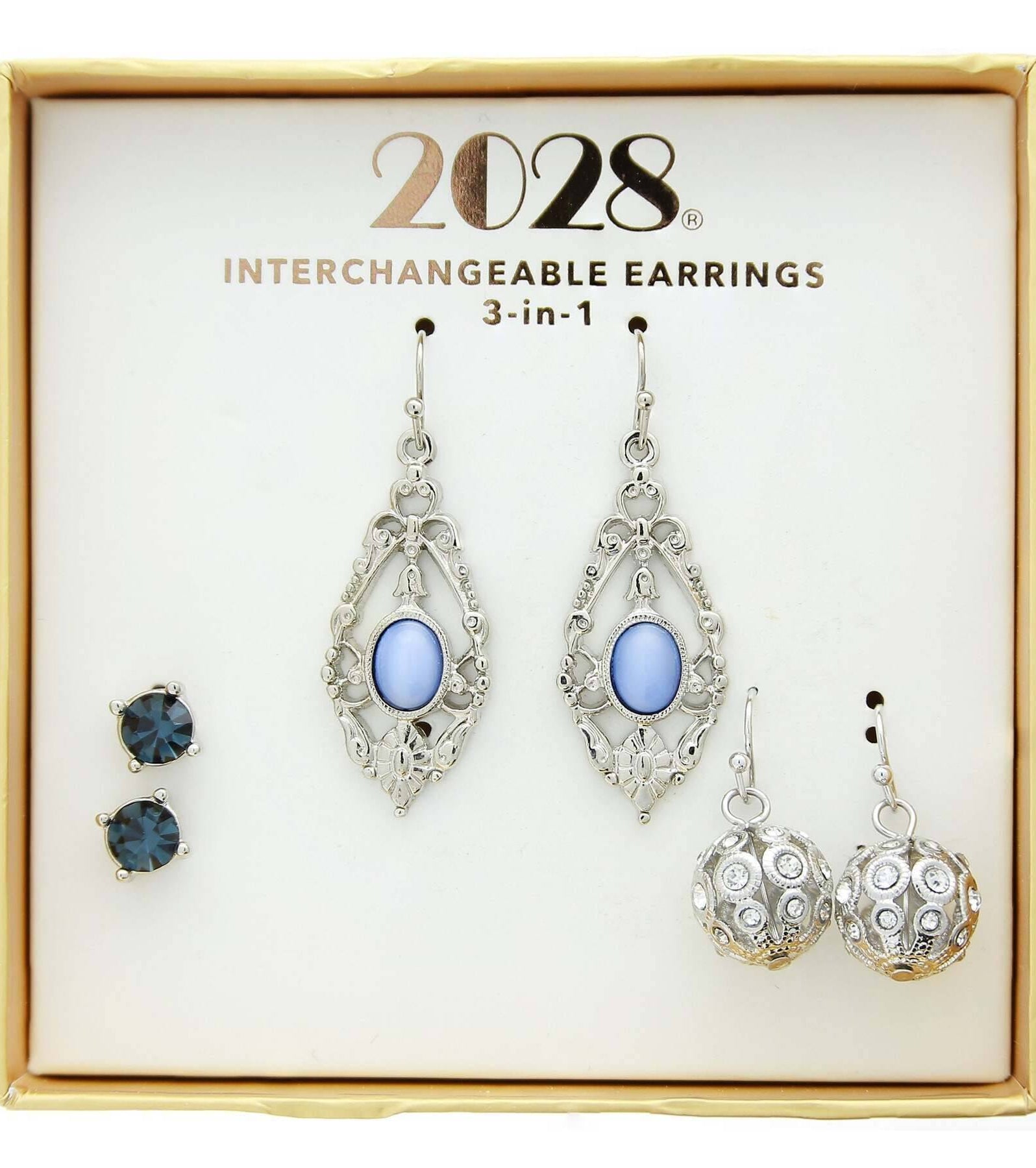2028 Jewelry 3-In-1 Blue & Fireball Crystal Interchangeable Earring Set