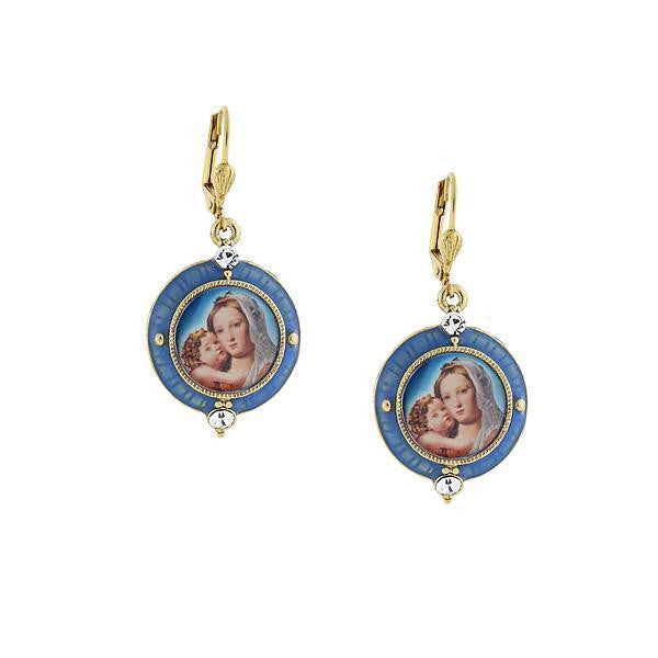 14K Gold Dipped And Enamel Earrings With Mary And Child Decal Image