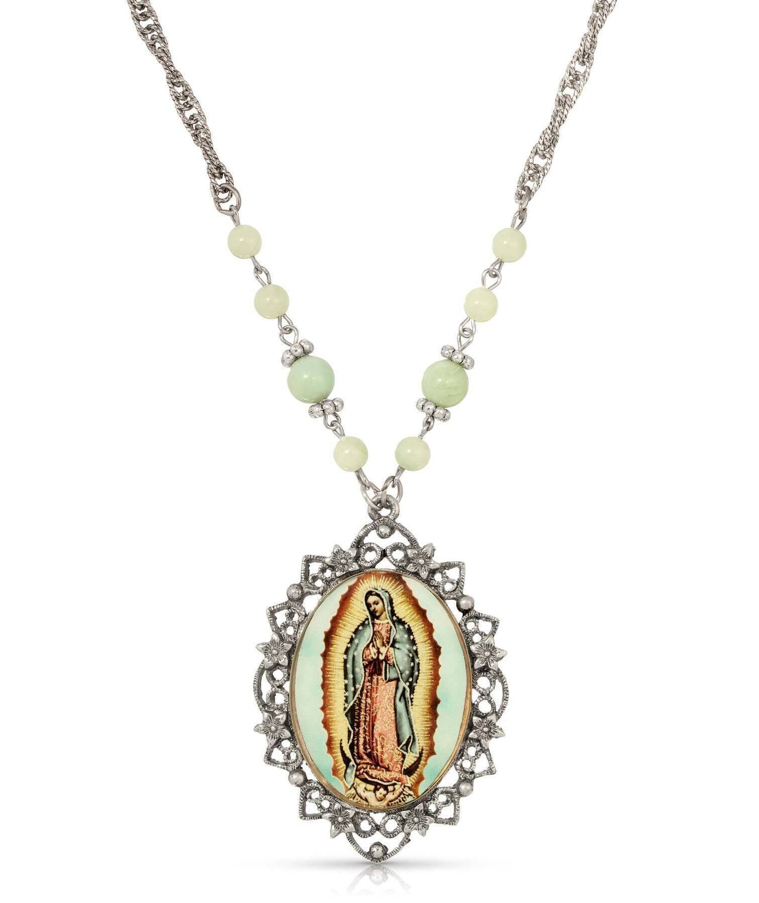 Symbols Of Faith Green Bead Floral Filigree Our Lady Of Guadalupe Pendant Necklace 28"