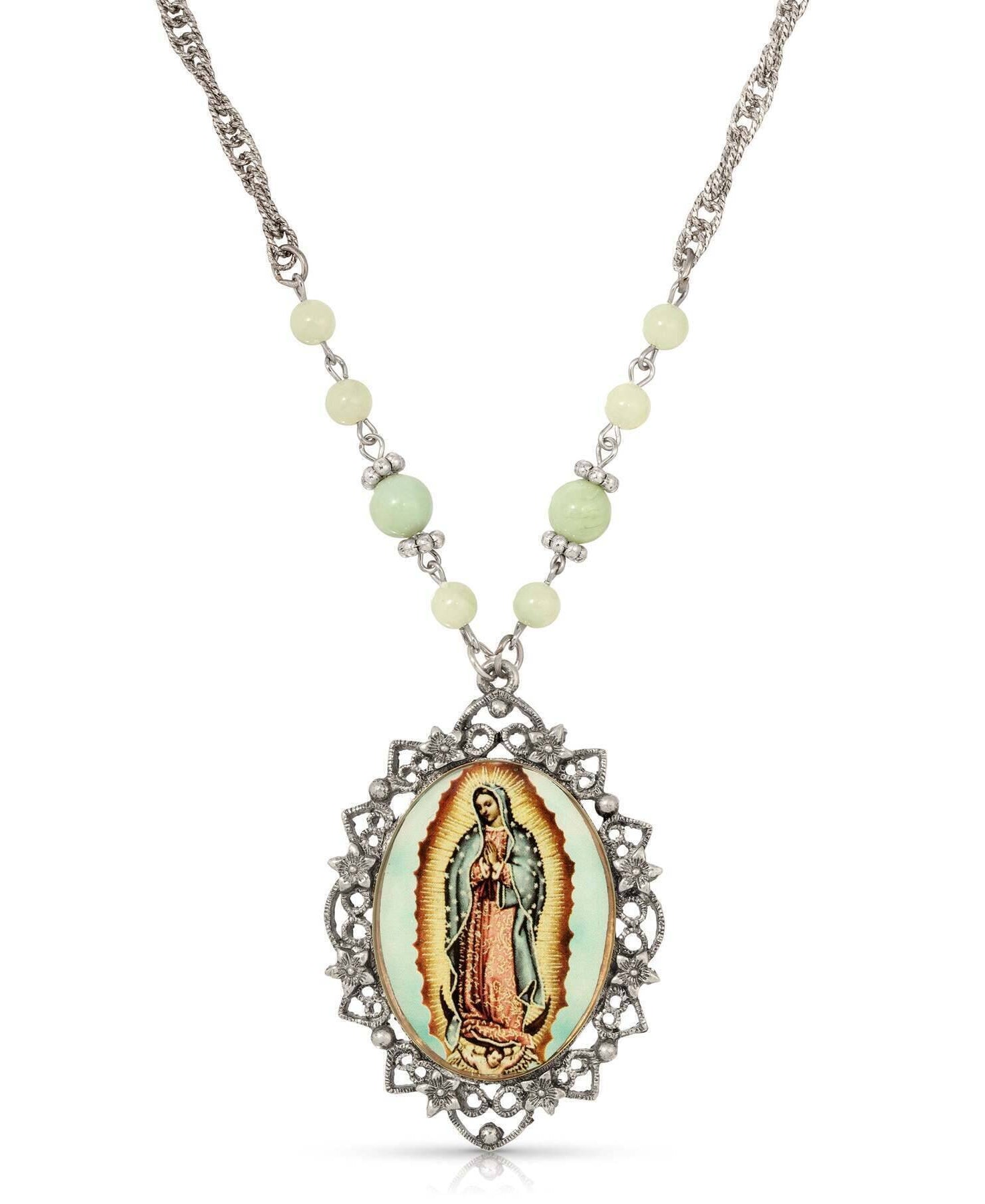 Symbols Of Faith Green Bead Floral Filigree Our Lady Of Guadalupe Pendant Necklace 28"