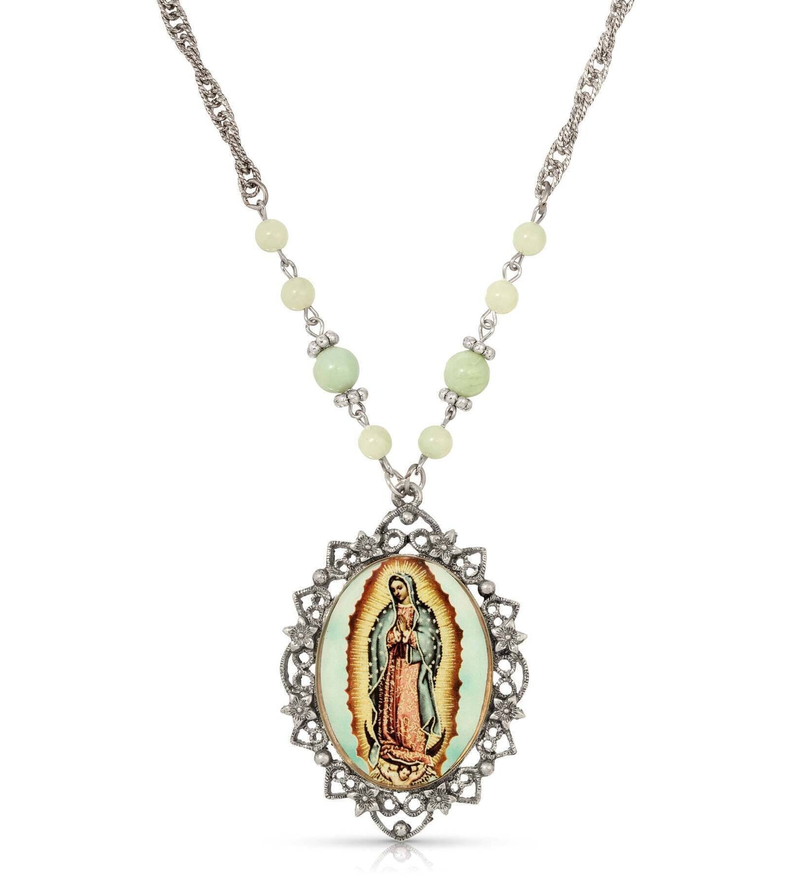 Symbols Of Faith Green Bead Floral Filigree Our Lady Of Guadalupe Pendant Necklace 28"