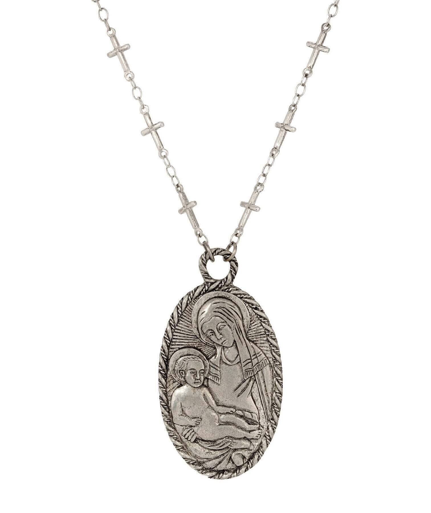 Symbols Of Faith Antiqued Madonna And Child Oval Pendant Cross Necklace 26"