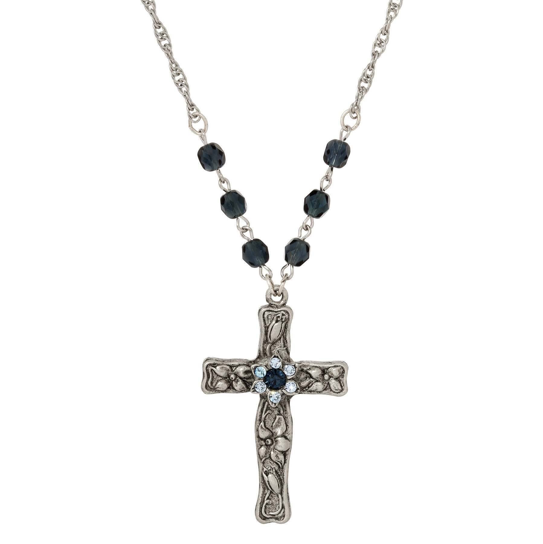 Symbols Of Faith Floral Blue Crystal Cross Pendant Necklace 28"L