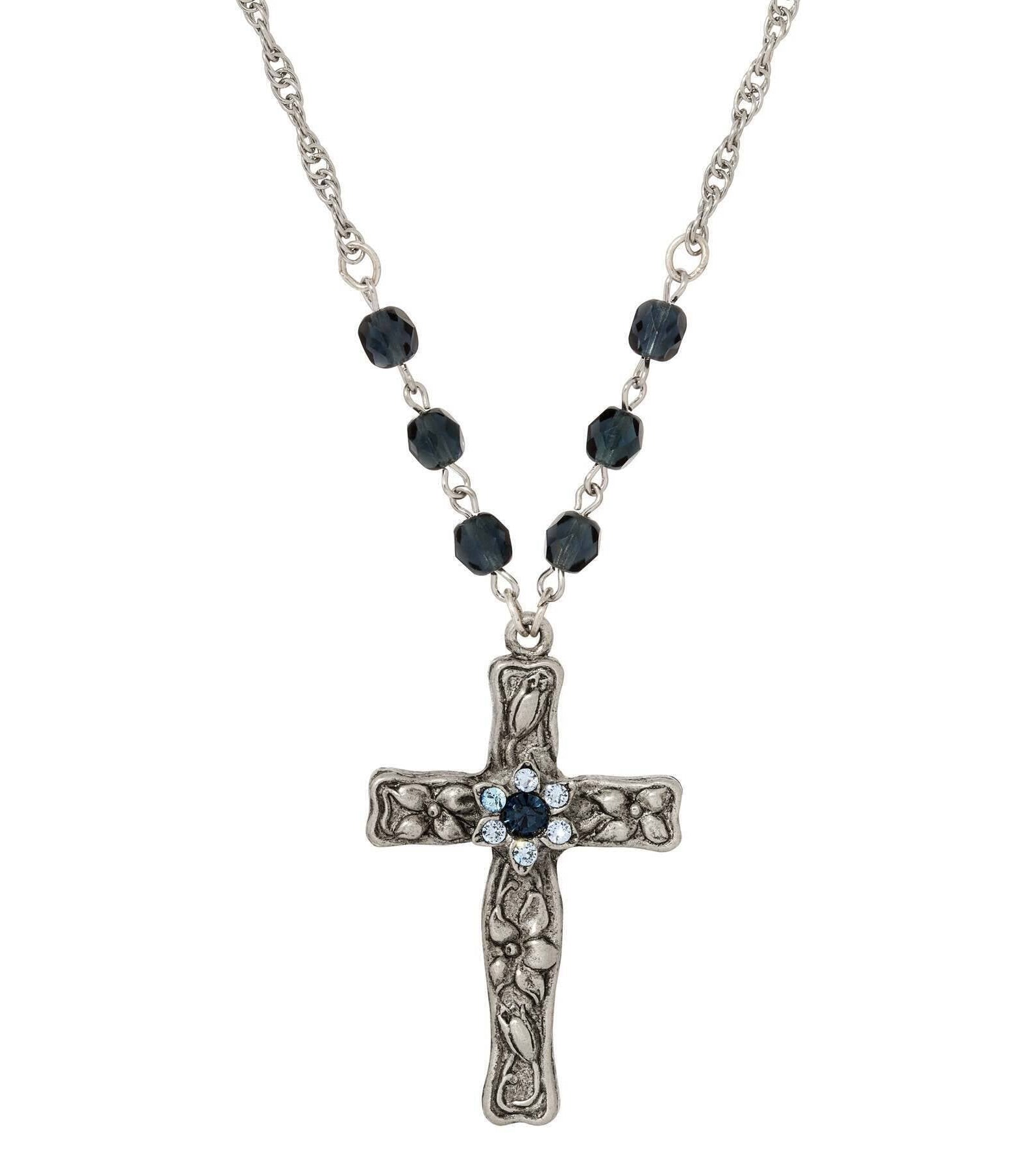 Symbols Of Faith Floral Blue Crystal Cross Pendant Necklace 28"L
