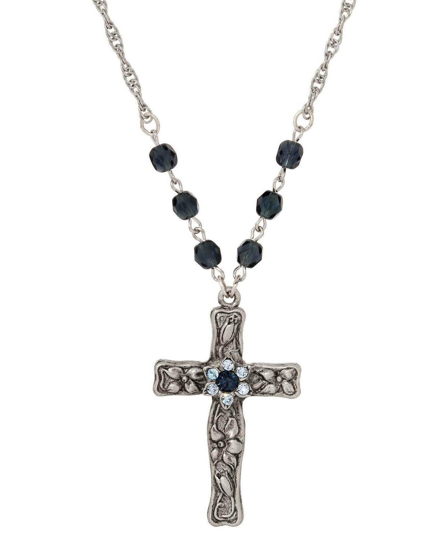 Symbols Of Faith Floral Blue Crystal Cross Pendant Necklace 28"L