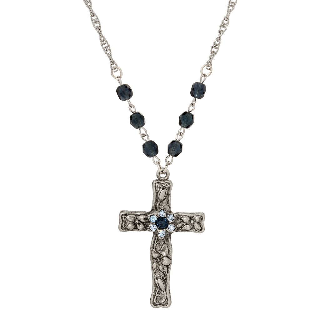 Floral Blue Crystal Cross Pendant Necklace 28"L