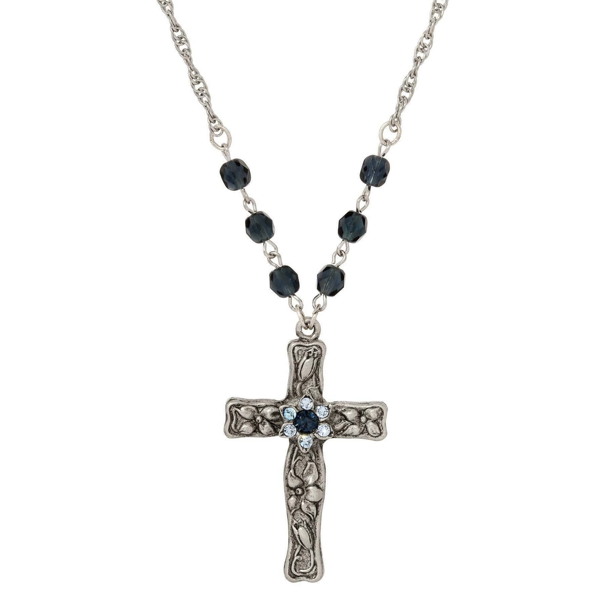 Symbols Of Faith Floral Blue Crystal Cross Pendant Necklace 28"L 1928