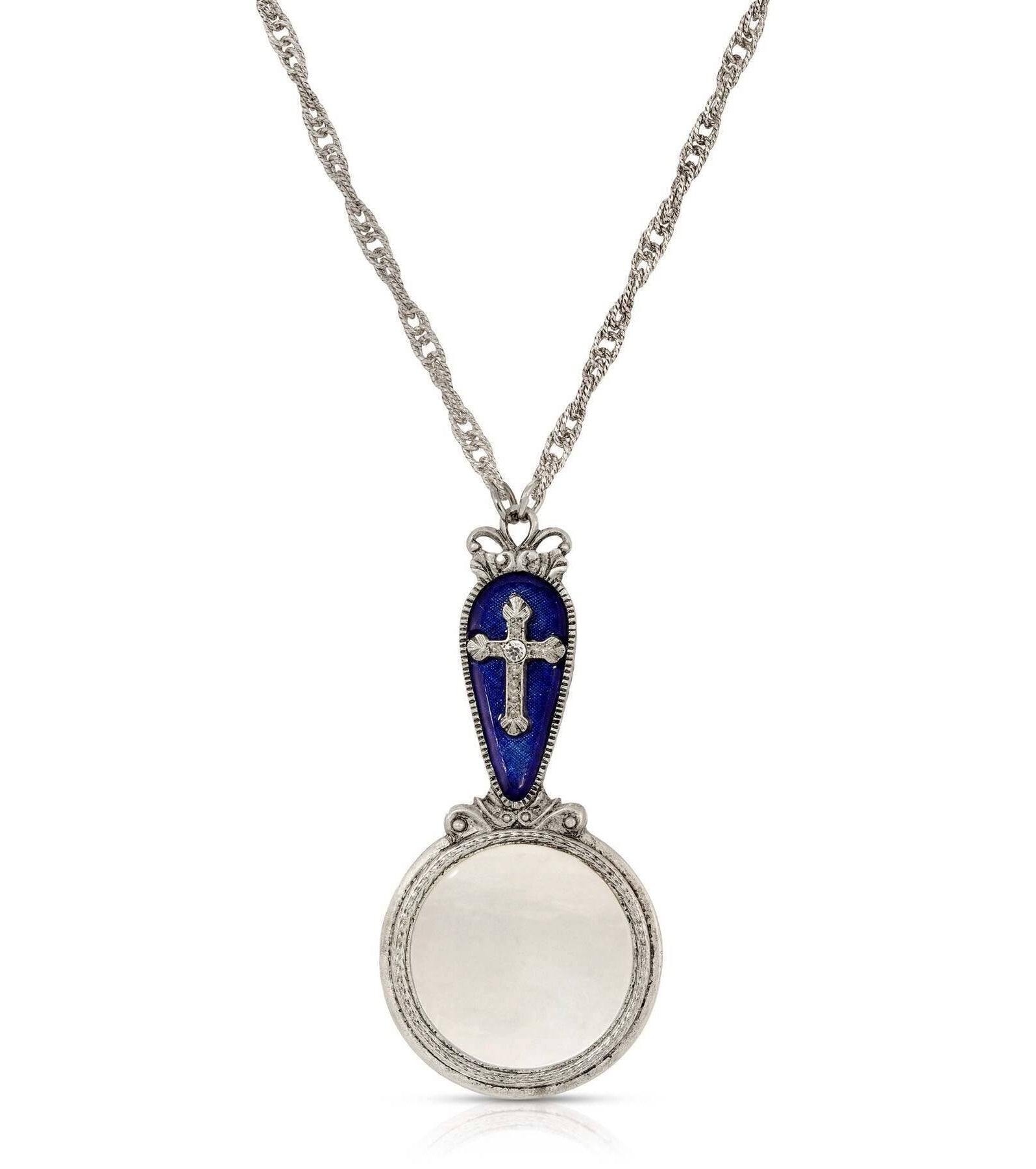 Symbols Of Faith Blue Enamel & Cross Magnifying Glass Pendant Necklace 28" - Magnification Power: 2-3X