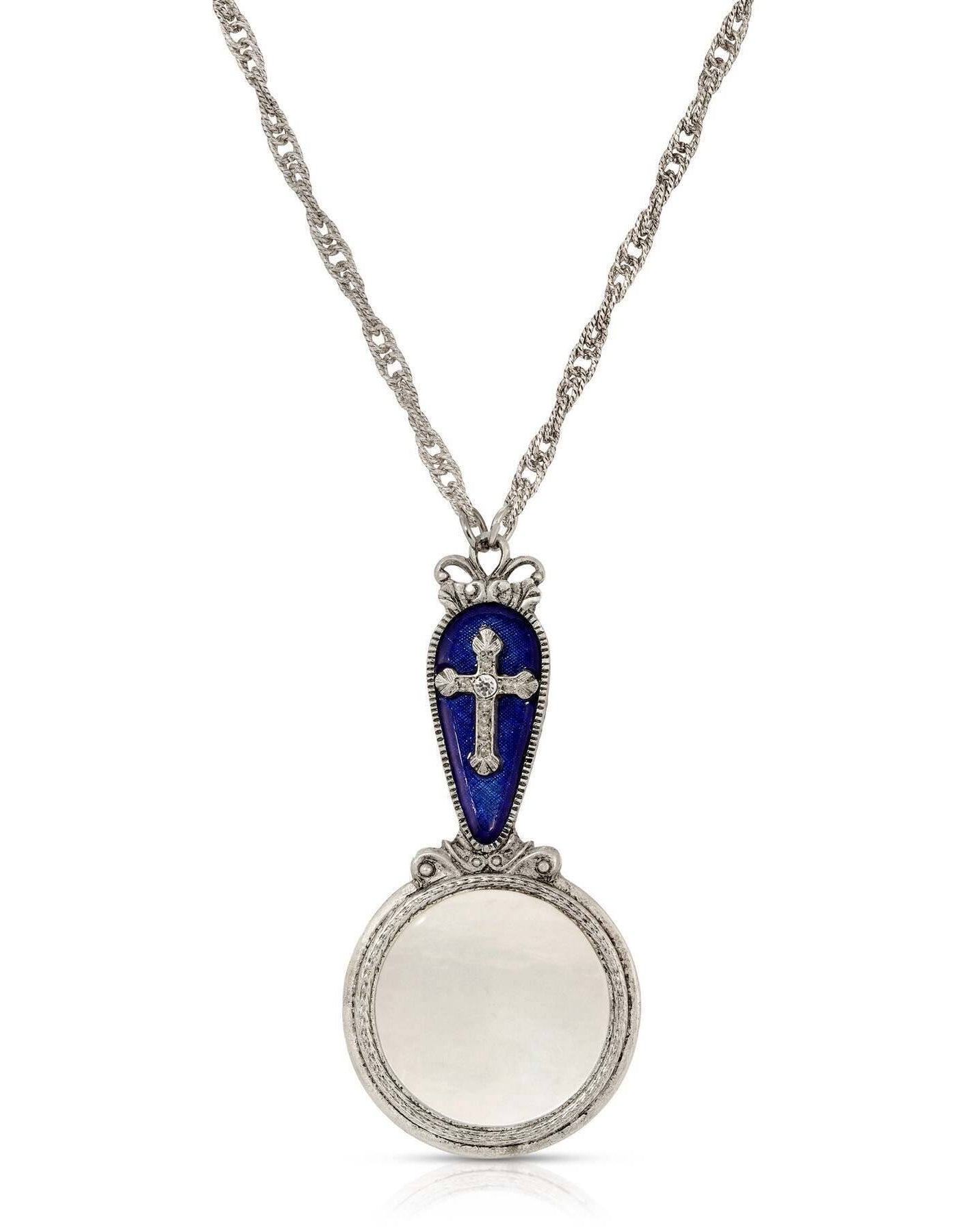 Symbols Of Faith Blue Enamel & Cross Magnifying Glass Pendant Necklace 28" - Magnification Power: 2-3X