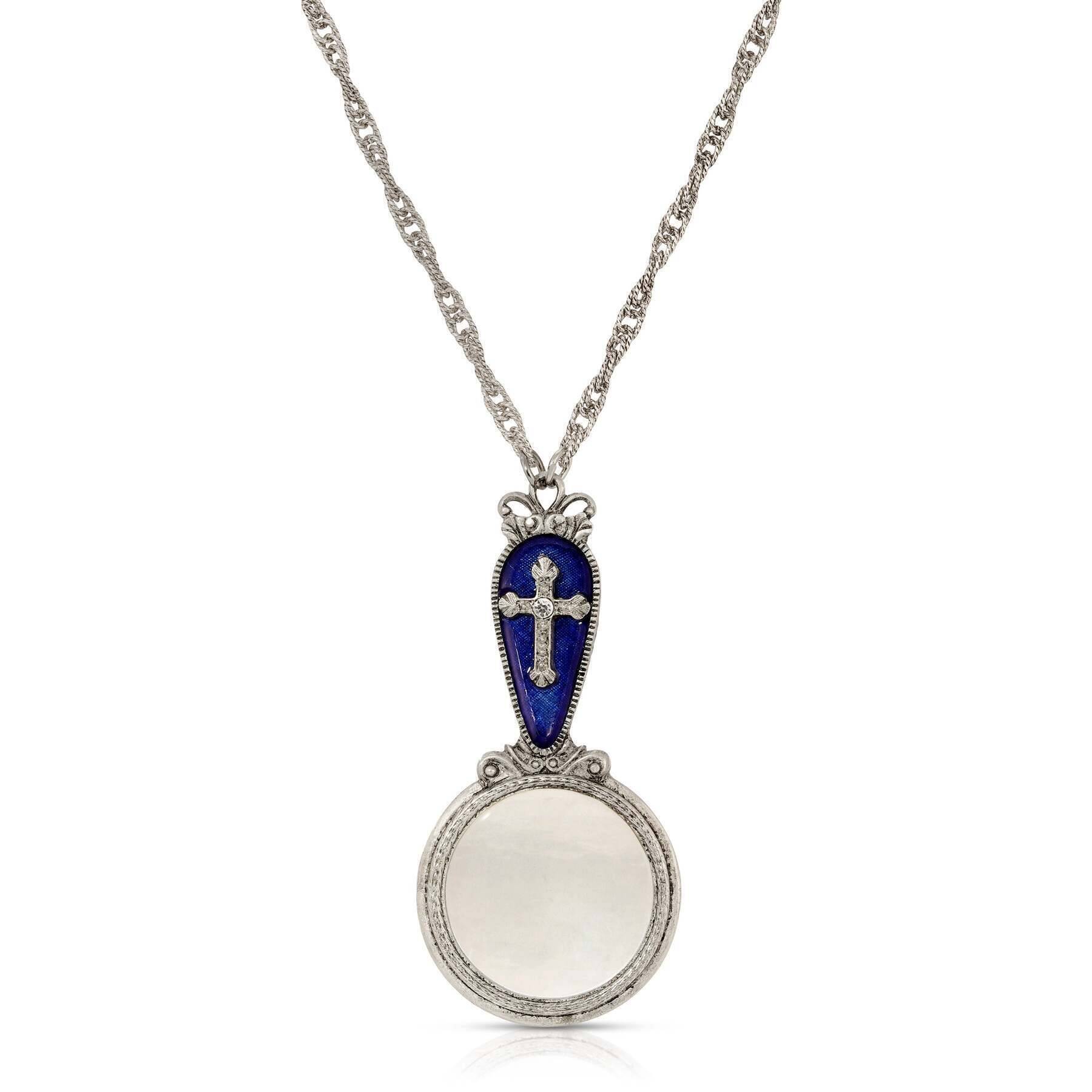 Symbols Of Faith Blue Enamel & Cross Magnifying Glass Pendant Necklace 28" - Magnification Power: 2-3X