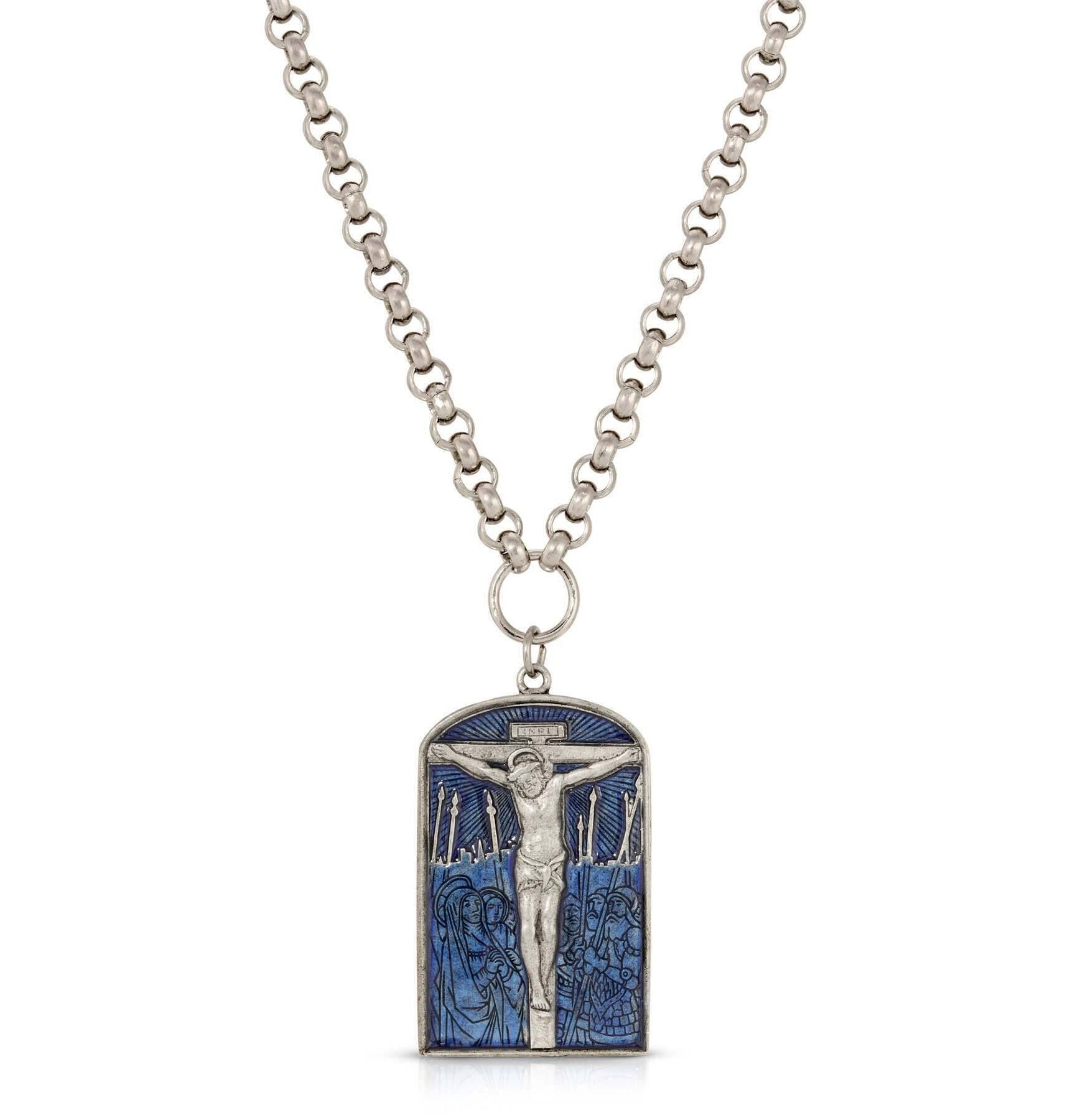 Symbols Of Faith Crucifixion Scene Blue Enamel Pendant Necklace 22" + 3" Extender