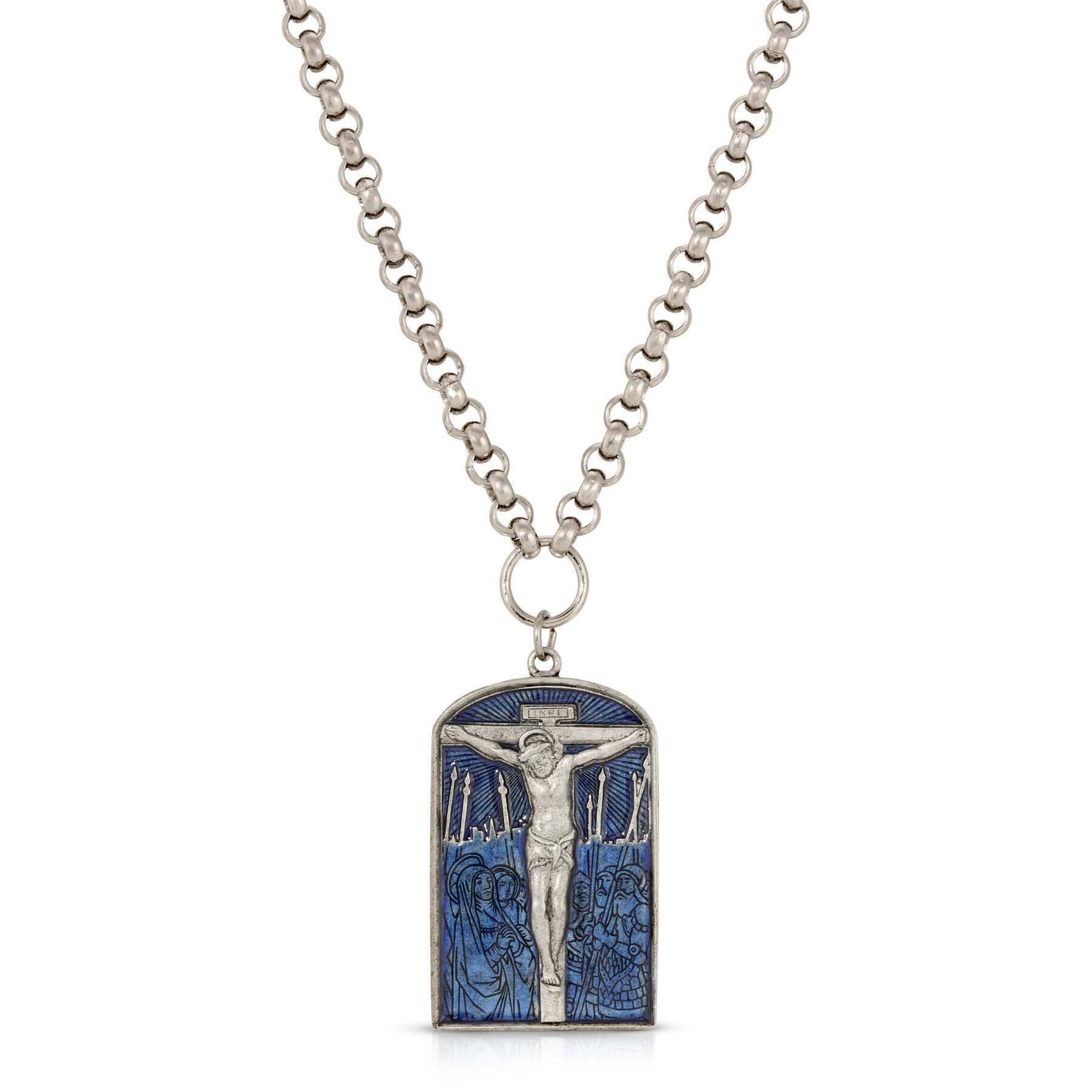 Symbols Of Faith Crucifixion Scene Blue Enamel Pendant Necklace 22" + 3" Extender