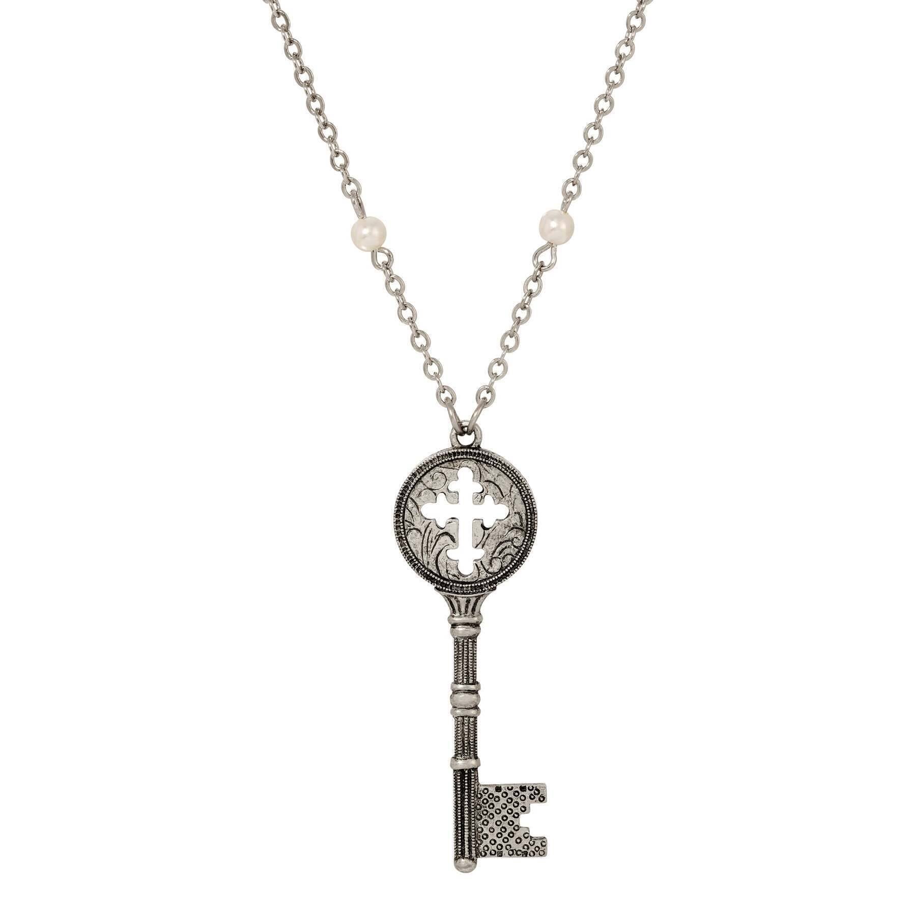 Symbols Of Faith Budded Cross Key Pendant Faux Pearl Accent Necklace 28"L