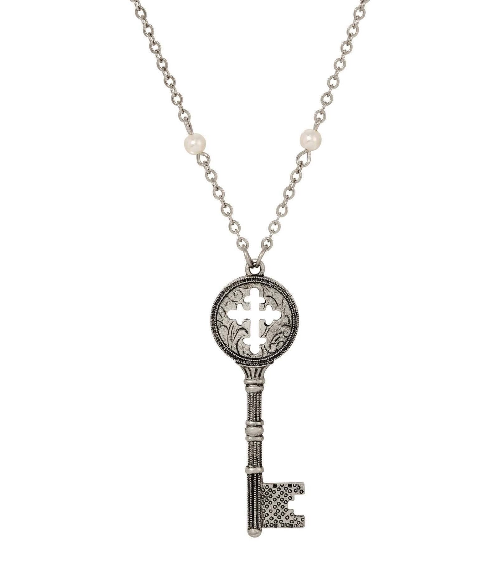 Symbols Of Faith Budded Cross Key Pendant Faux Pearl Accent Necklace 28"L