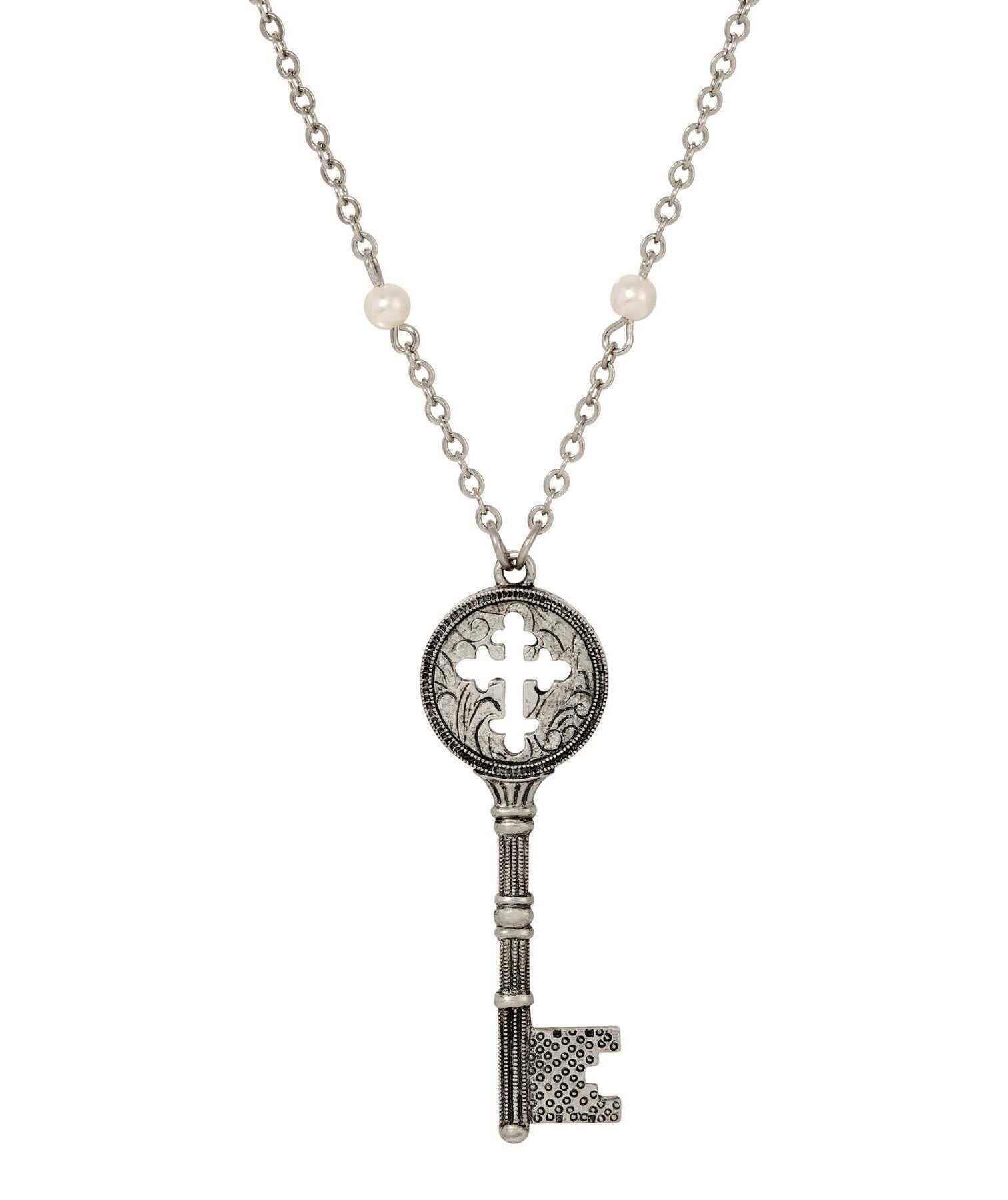 Symbols Of Faith Budded Cross Key Pendant Faux Pearl Accent Necklace 28"L