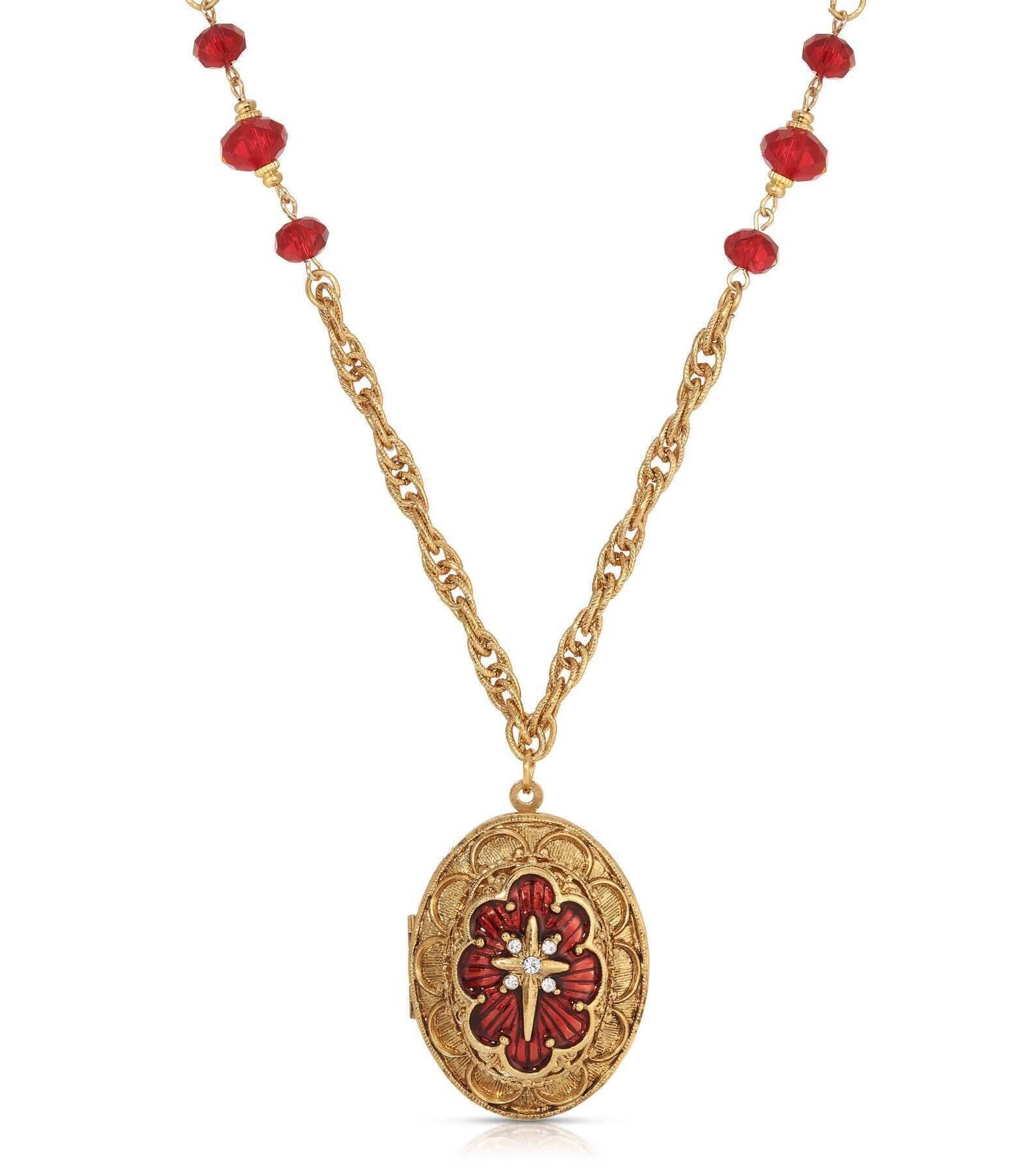 Symbols Of Faith Star of Bethlehem Crystal Bead Enamel Locket Necklace 28"