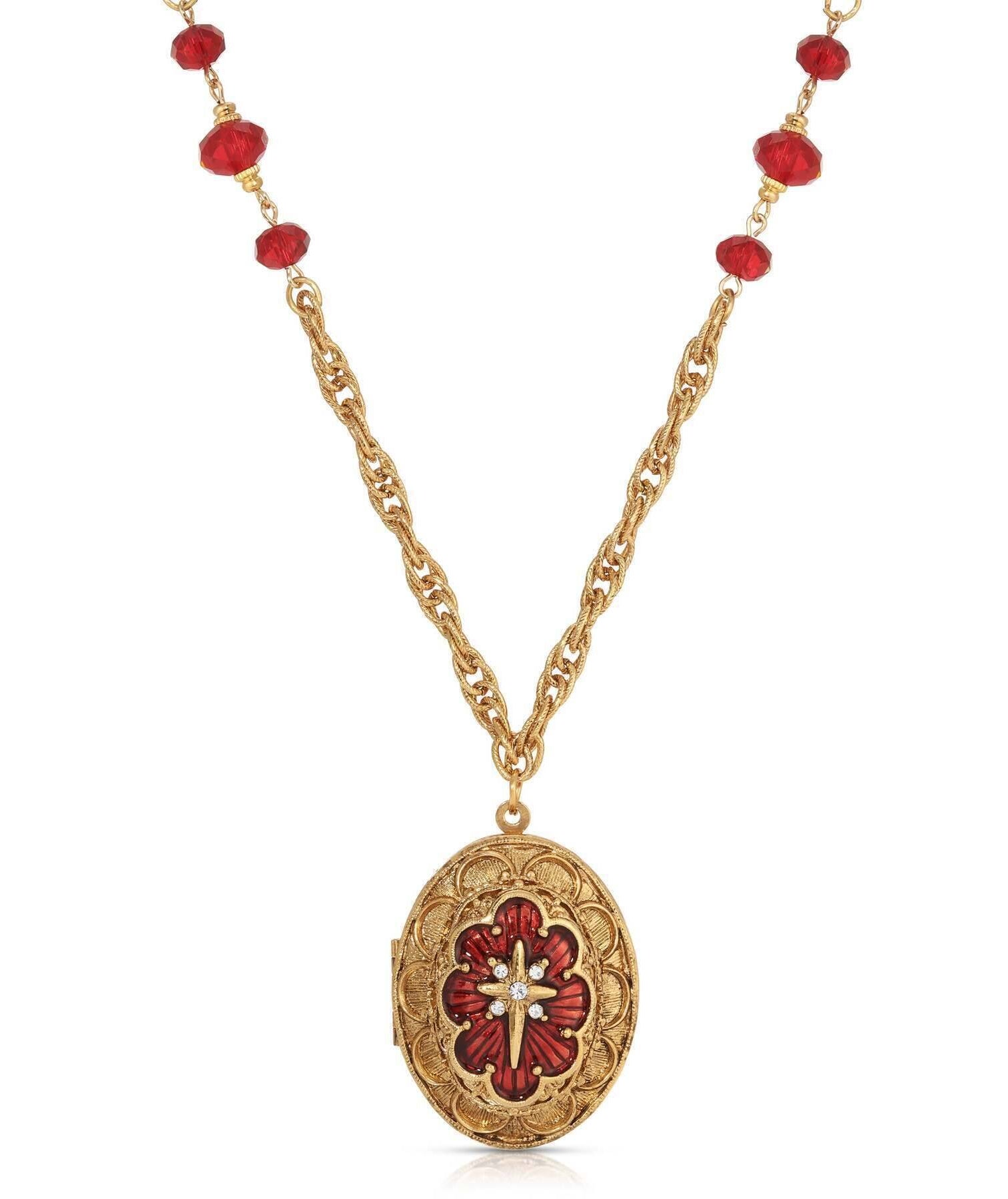 Symbols Of Faith Star of Bethlehem Crystal Bead Enamel Locket Necklace 28"