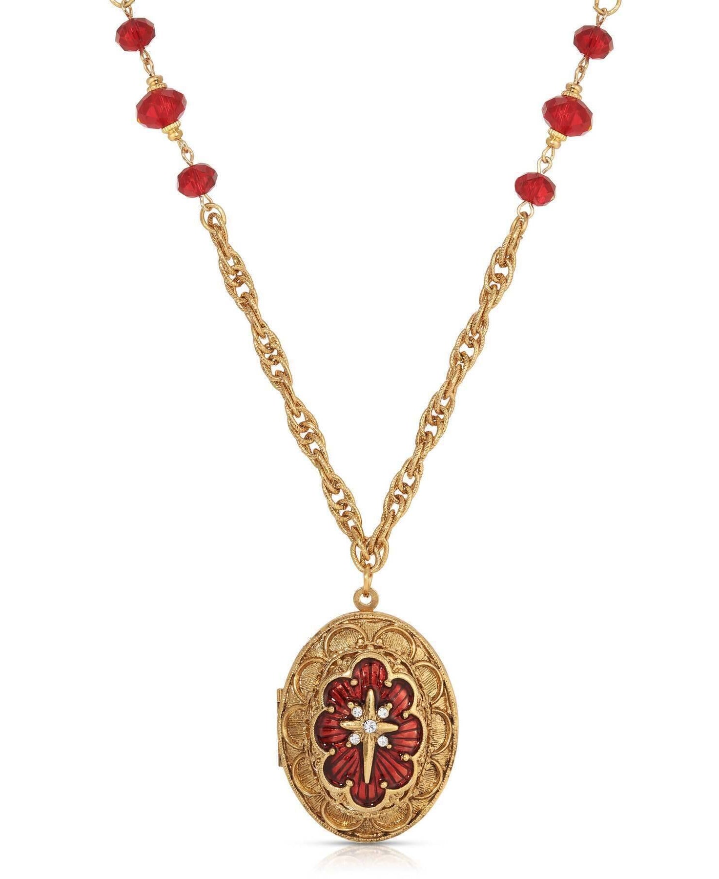 Symbols Of Faith Star of Bethlehem Crystal Bead Enamel Locket Necklace 28"