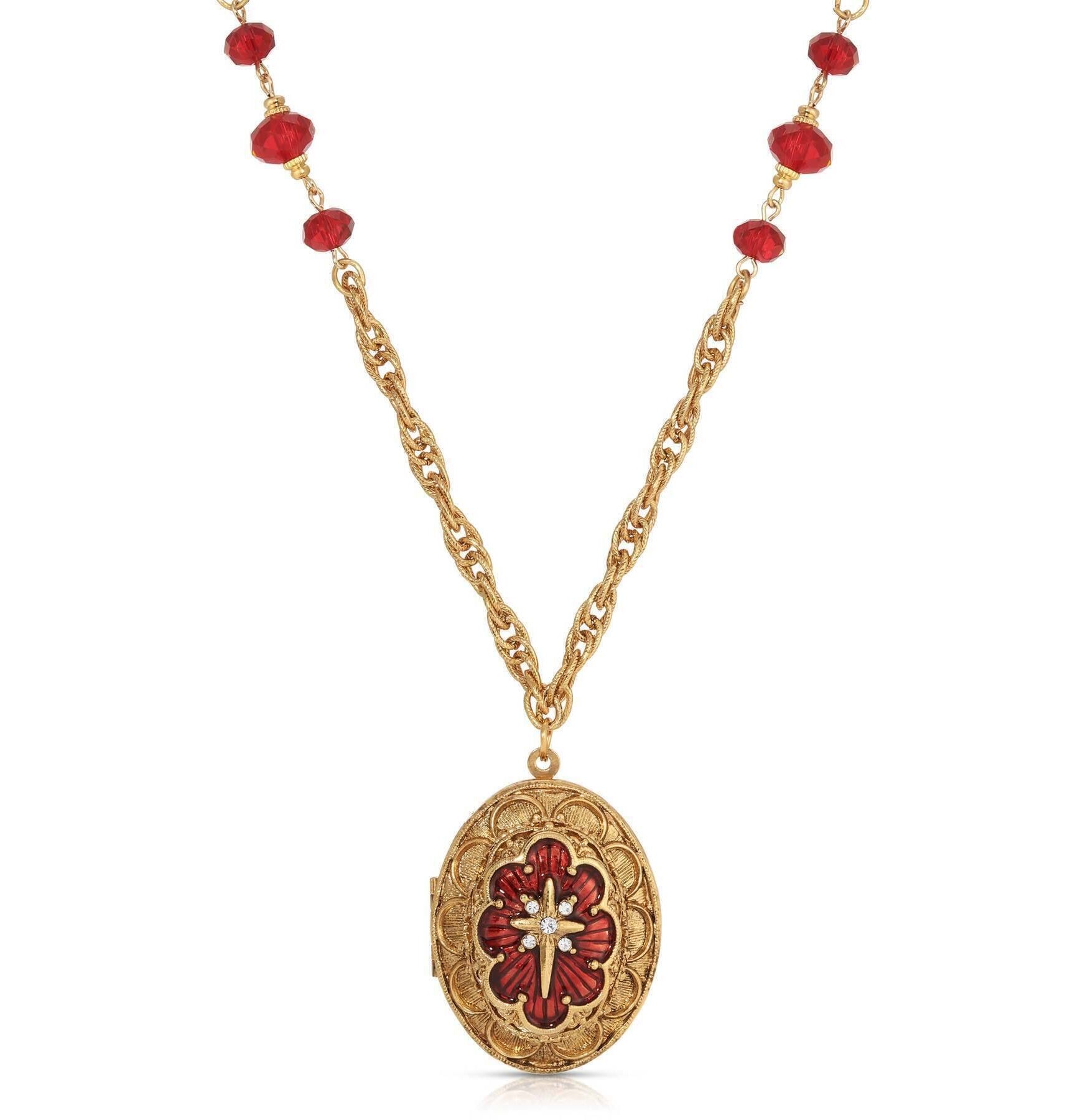 Symbols Of Faith Star of Bethlehem Crystal Bead Enamel Locket Necklace 28"