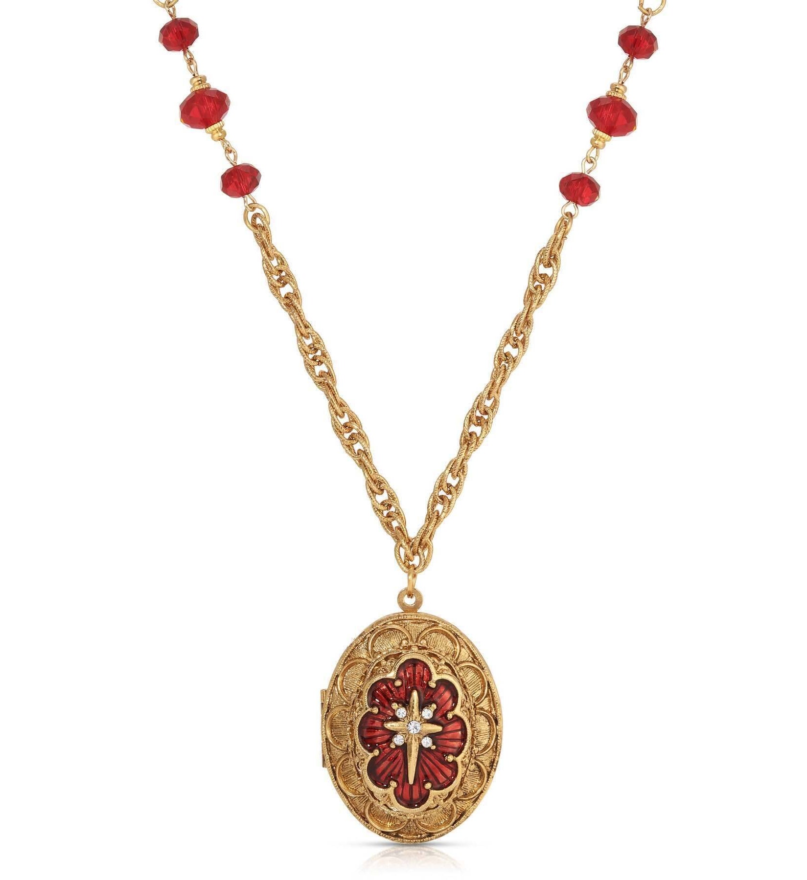 Symbols Of Faith Star of Bethlehem Crystal Bead Enamel Locket Necklace 28"