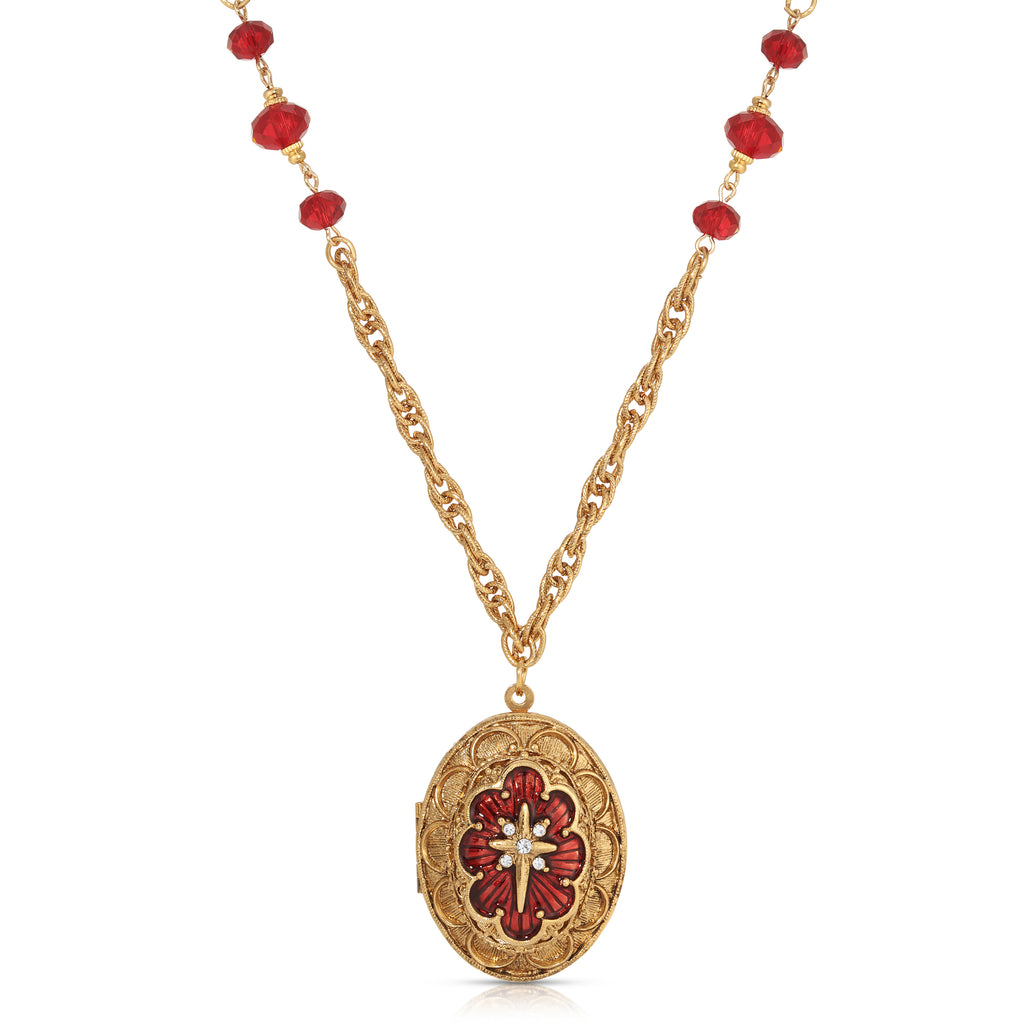 Star of Bethlehem Crystal Bead Enamel Locket Pendant Necklace 28"