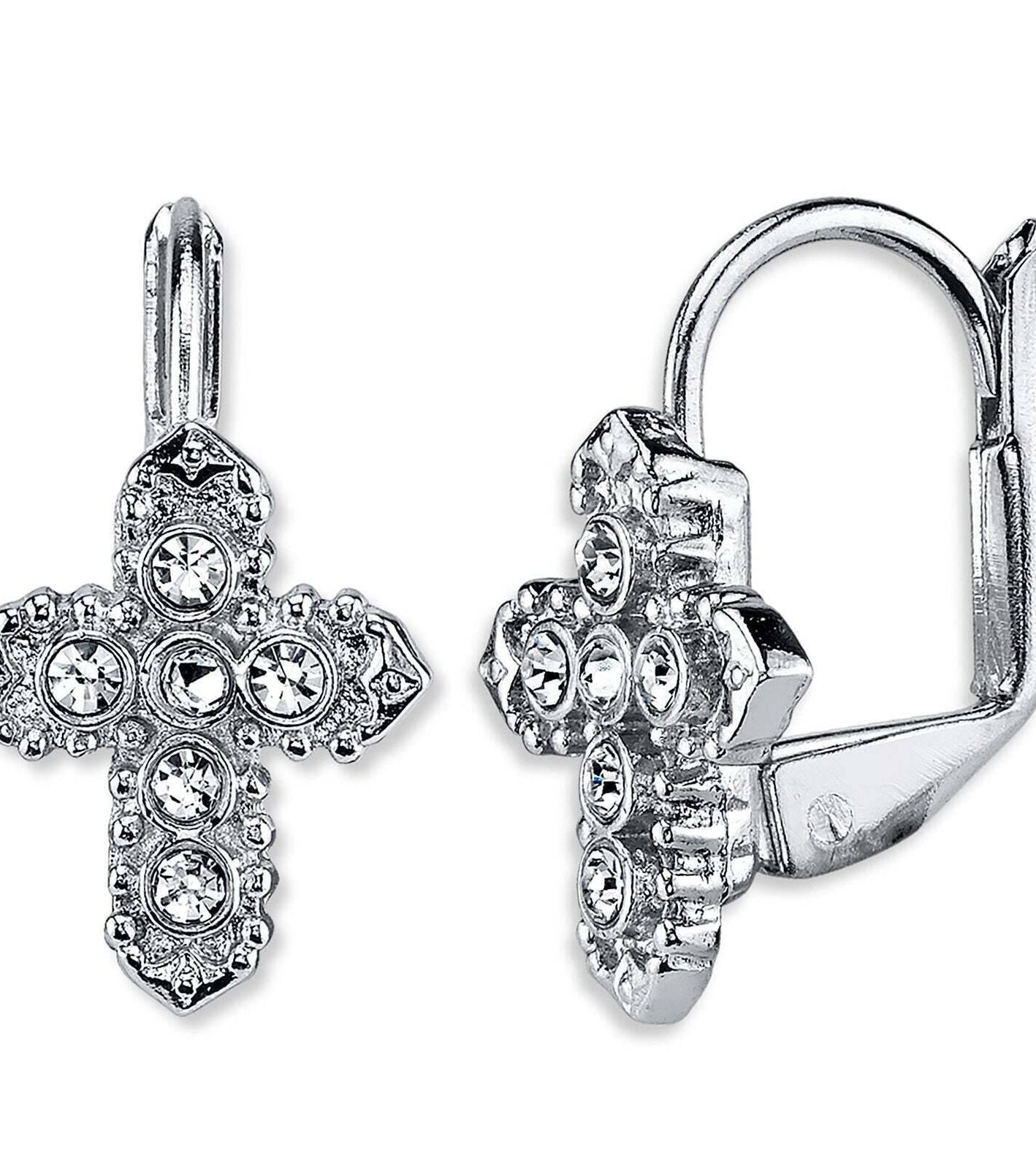 Symbols Of Faith Crystal Cross Lever Back Earrings