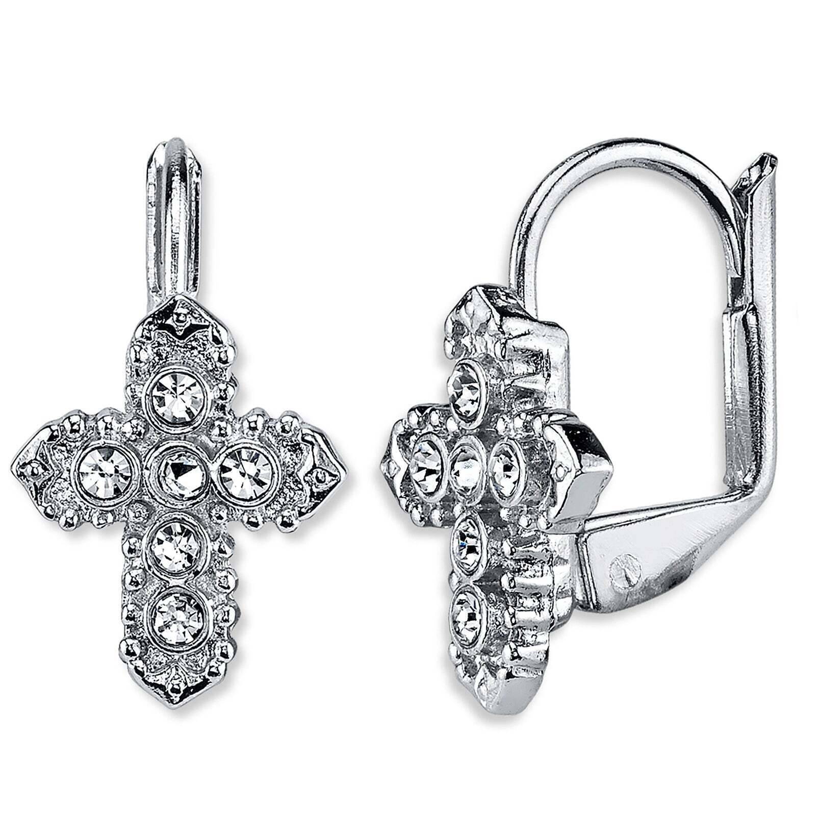 Symbols Of Faith Crystal Cross Lever Back Earrings