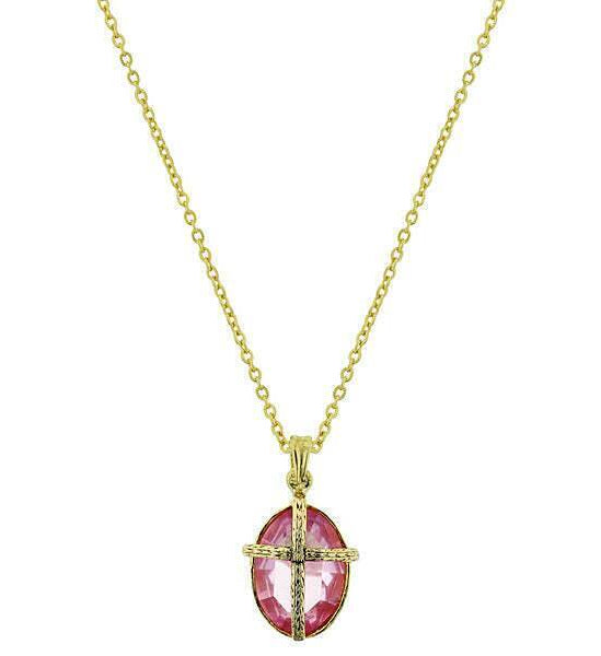 Symbols Of Faith Light Pink Oval Stone Cross Pendant Necklace 16" + 3" Extender
