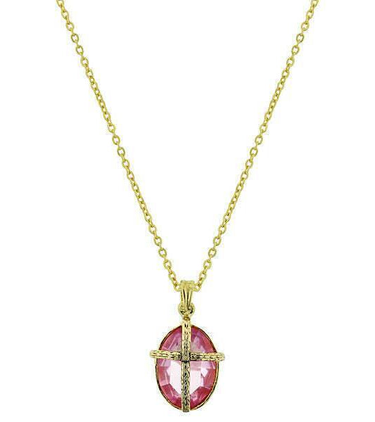 Symbols Of Faith Light Pink Oval Stone Cross Pendant Necklace 16" + 3" Extender
