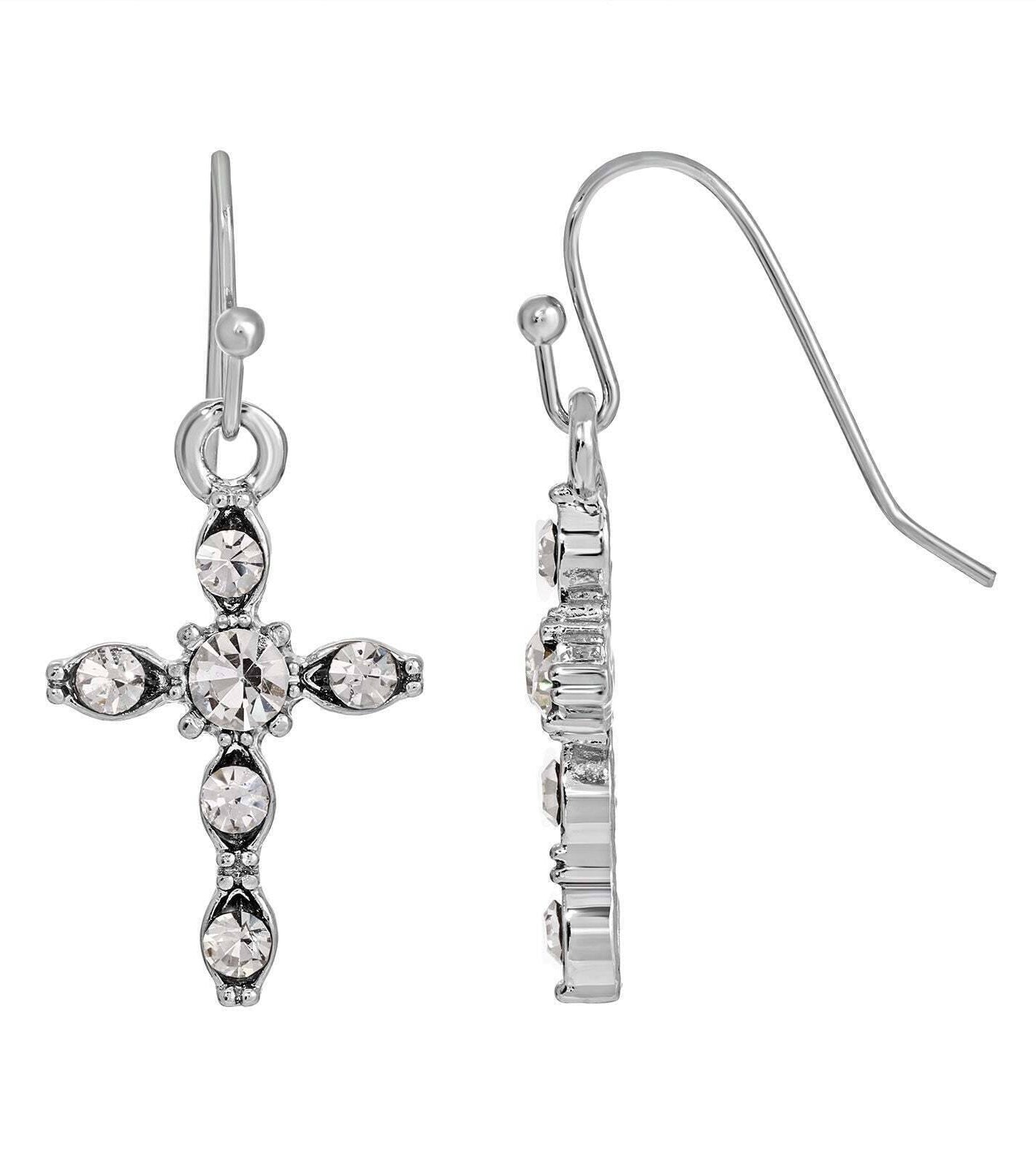 Symbols Of Faith Round Clear Crystal Cross Drop Earrings