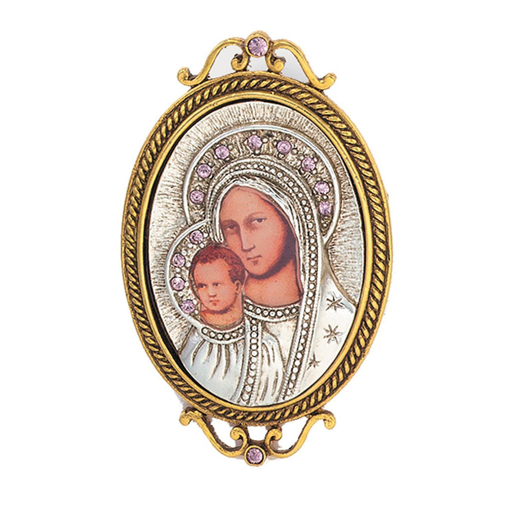 14K Gold Dipped And Silver Tone Purple Crystal Enamel Iconica Mary Brooch