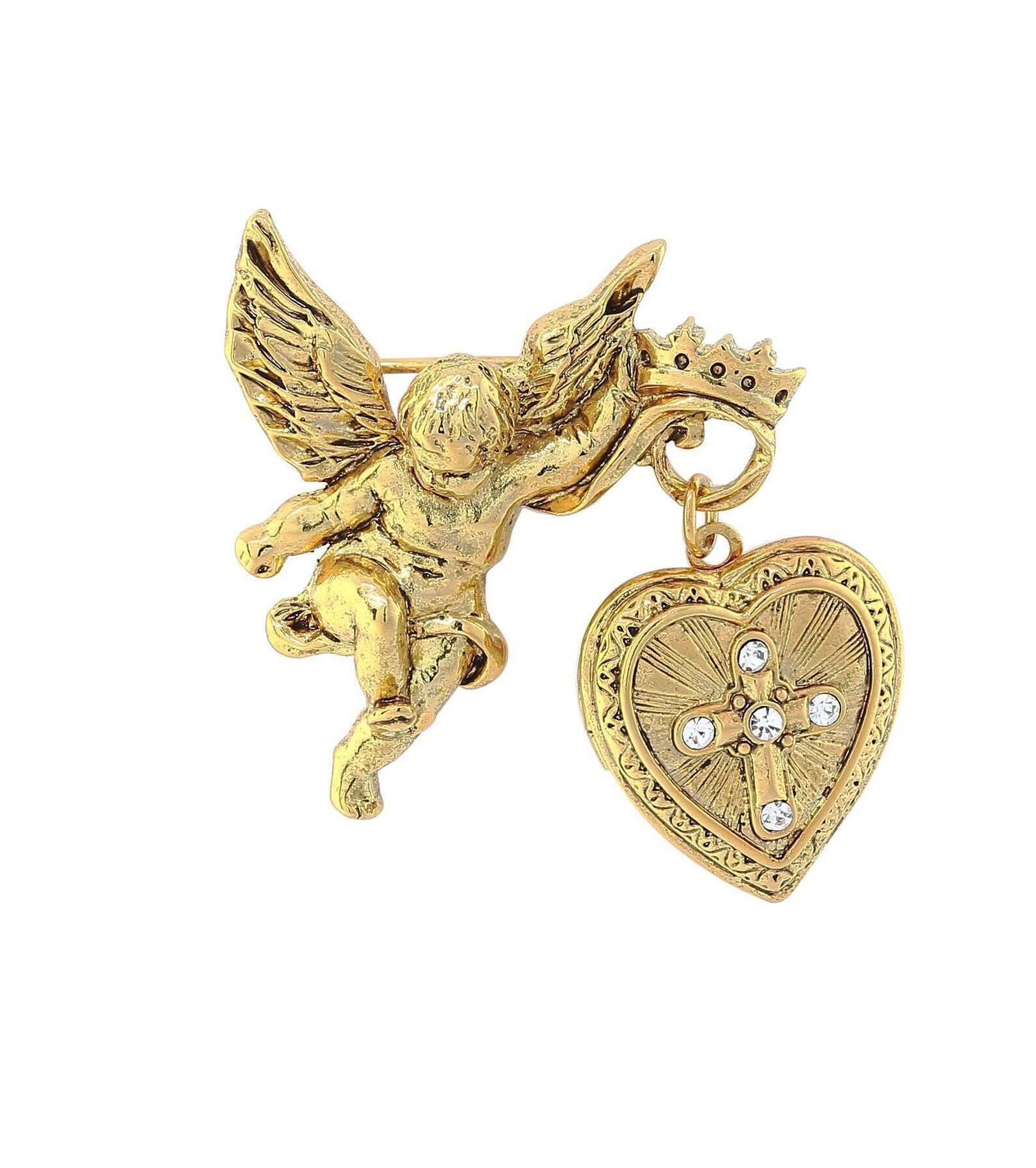 Symbols Of Faith Winged Angel Crystal Cross Heart Locket Brooch
