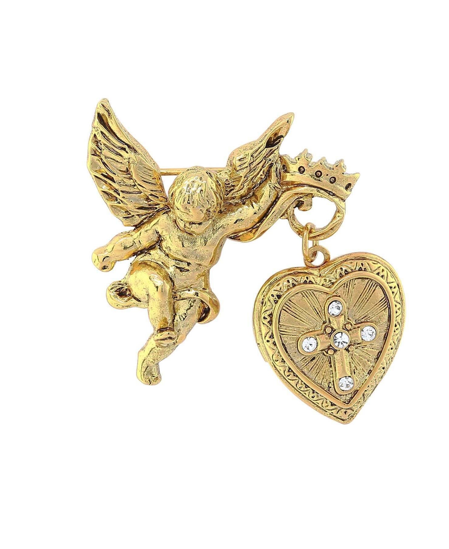 Symbols Of Faith Winged Angel Crystal Cross Heart Locket Brooch