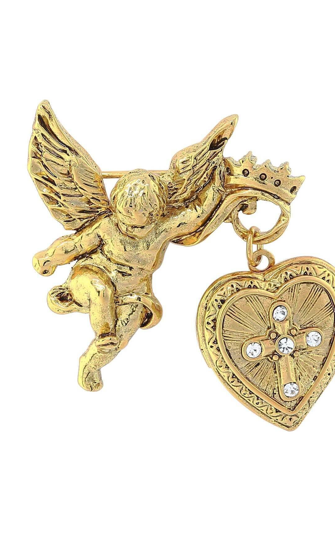Symbols Of Faith Winged Angel Crystal Cross Heart Locket Brooch