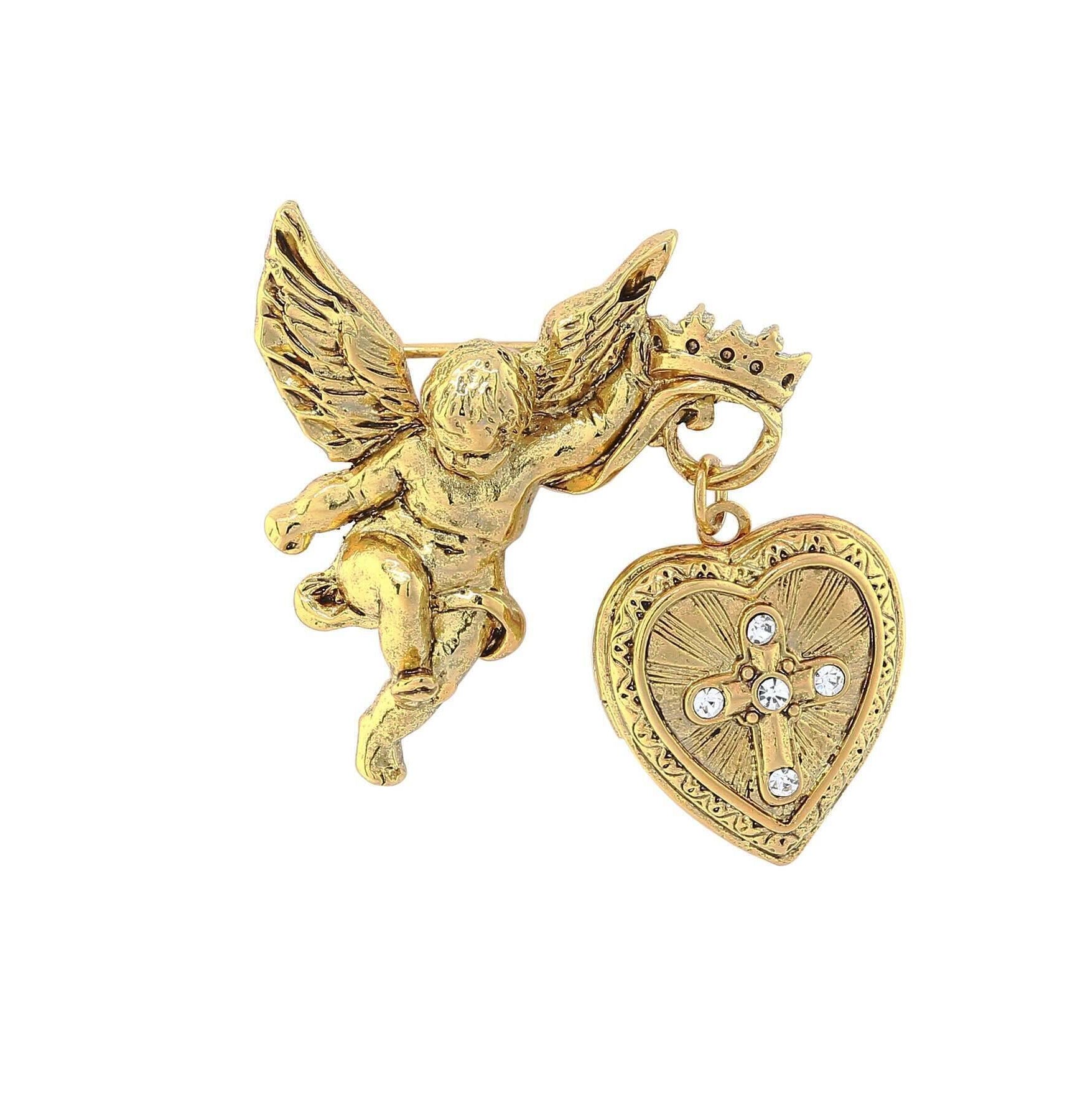 Symbols Of Faith Winged Angel Crystal Cross Heart Locket Brooch
