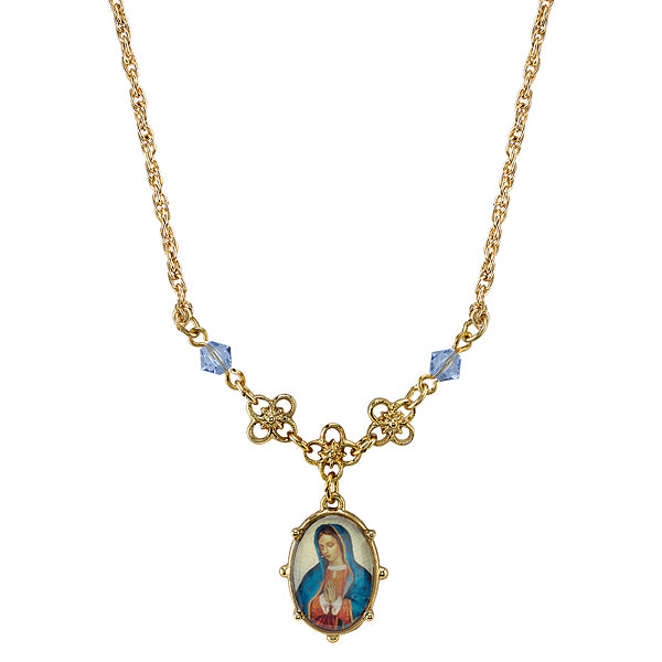 Gold Tone Light Blue Small Oval Mary Pendant Necklace 16 In  Adj
