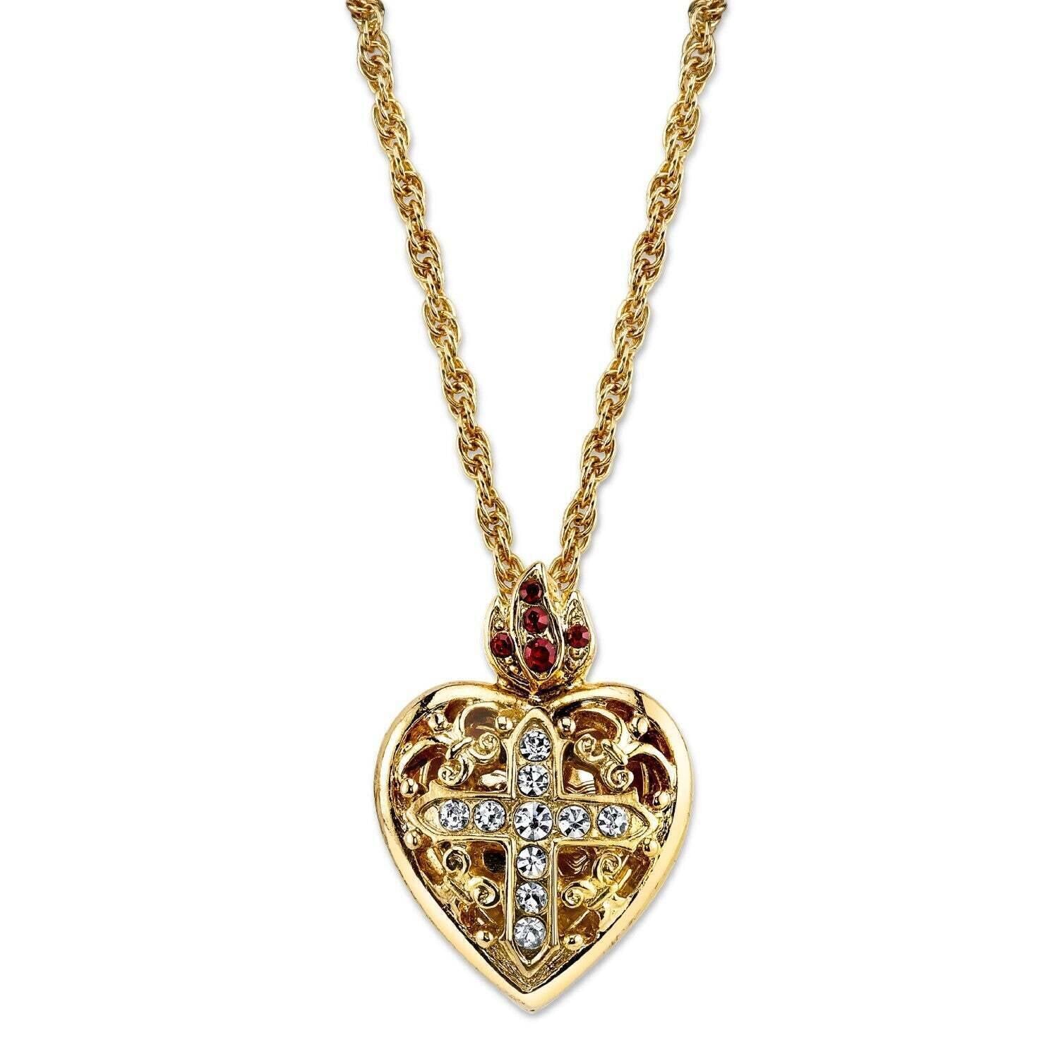 Symbols Of Faith Red & Clear Crystal Heart Cross Locket Necklace 18"