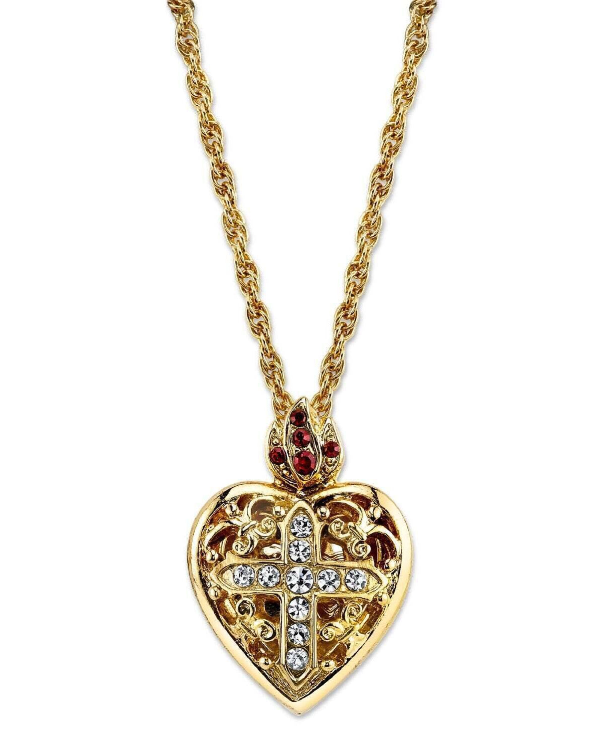 Symbols Of Faith Red & Clear Crystal Heart Cross Locket Necklace 18"